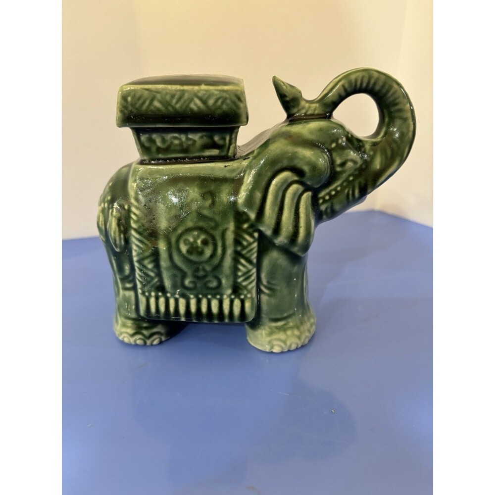 Vintage Green Glazed Ceramic Elephant Figure 5” Tall Asian Decor Figurine